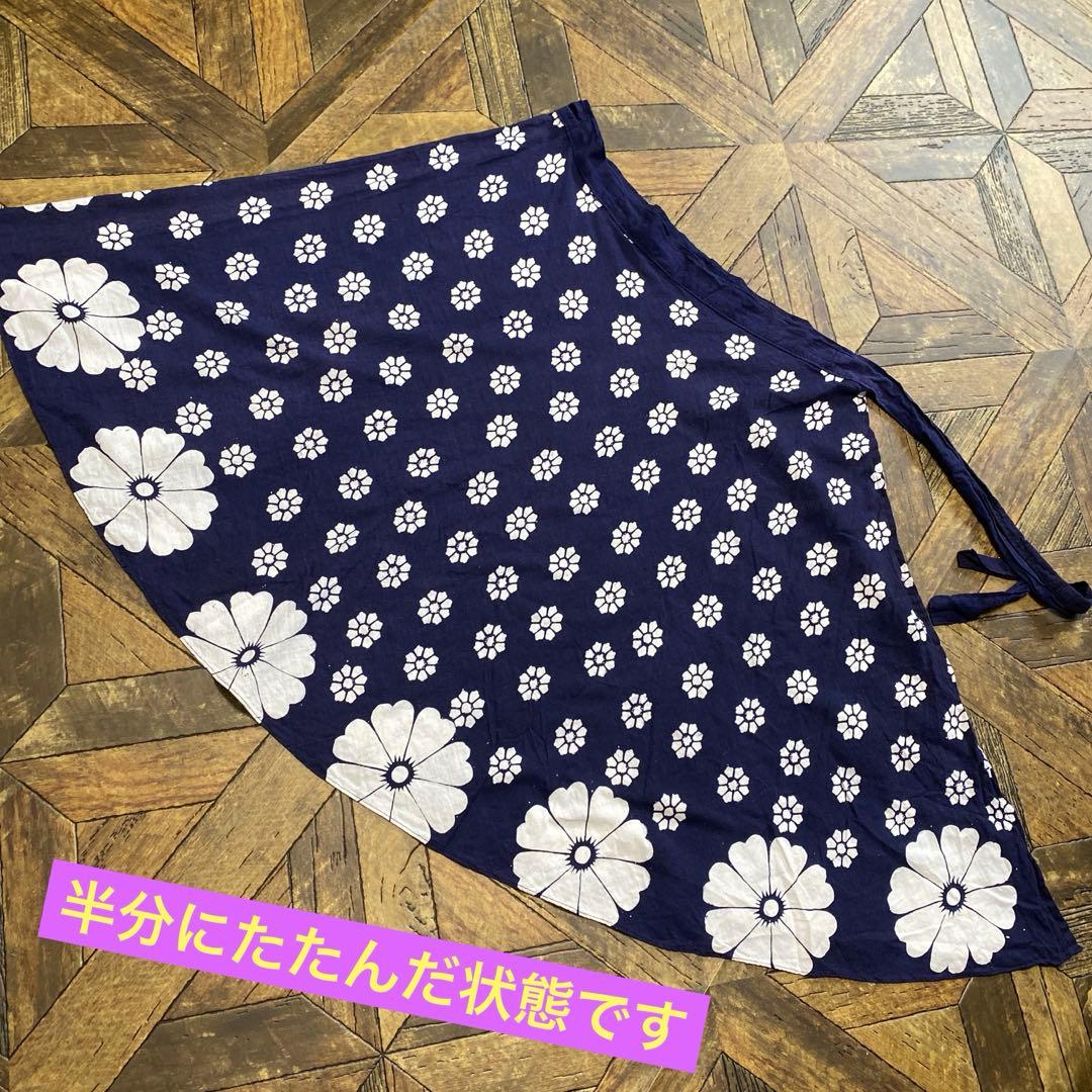 1970年代昭和レトロアンティーク紺花柄フレアスカートコットン巻きスカート 浴衣