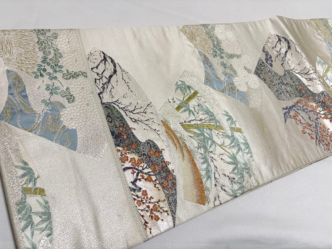 A 菊 竹 笹 梅 流水 金銀糸 正絹 六通 袋帯 フォーマル O13