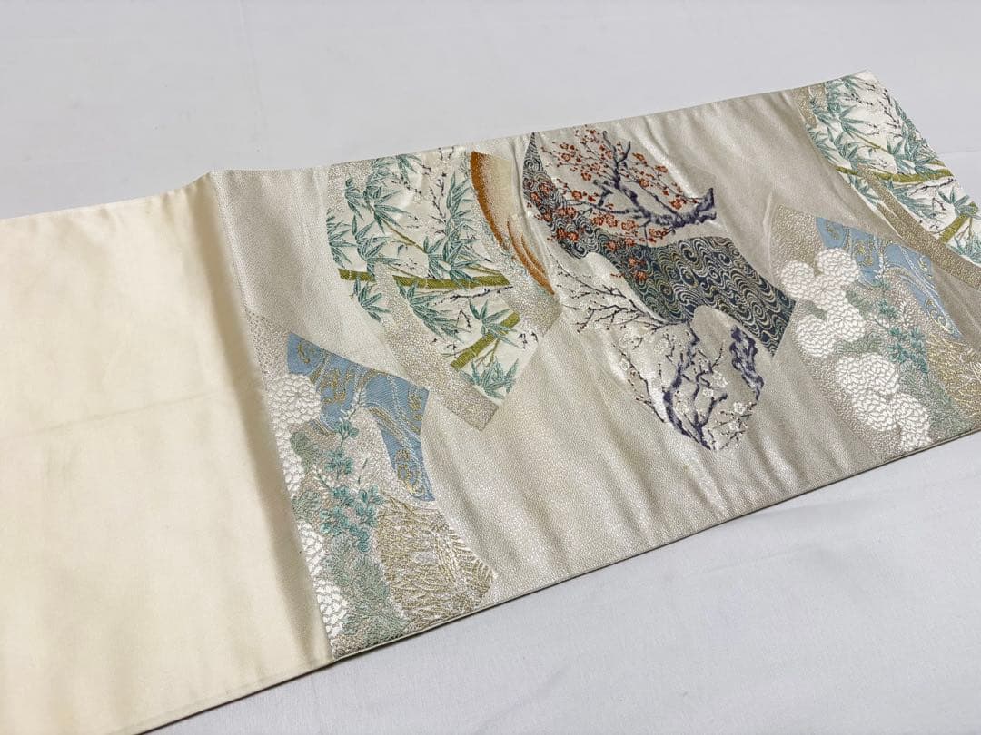 A 菊 竹 笹 梅 流水 金銀糸 正絹 六通 袋帯 フォーマル O13