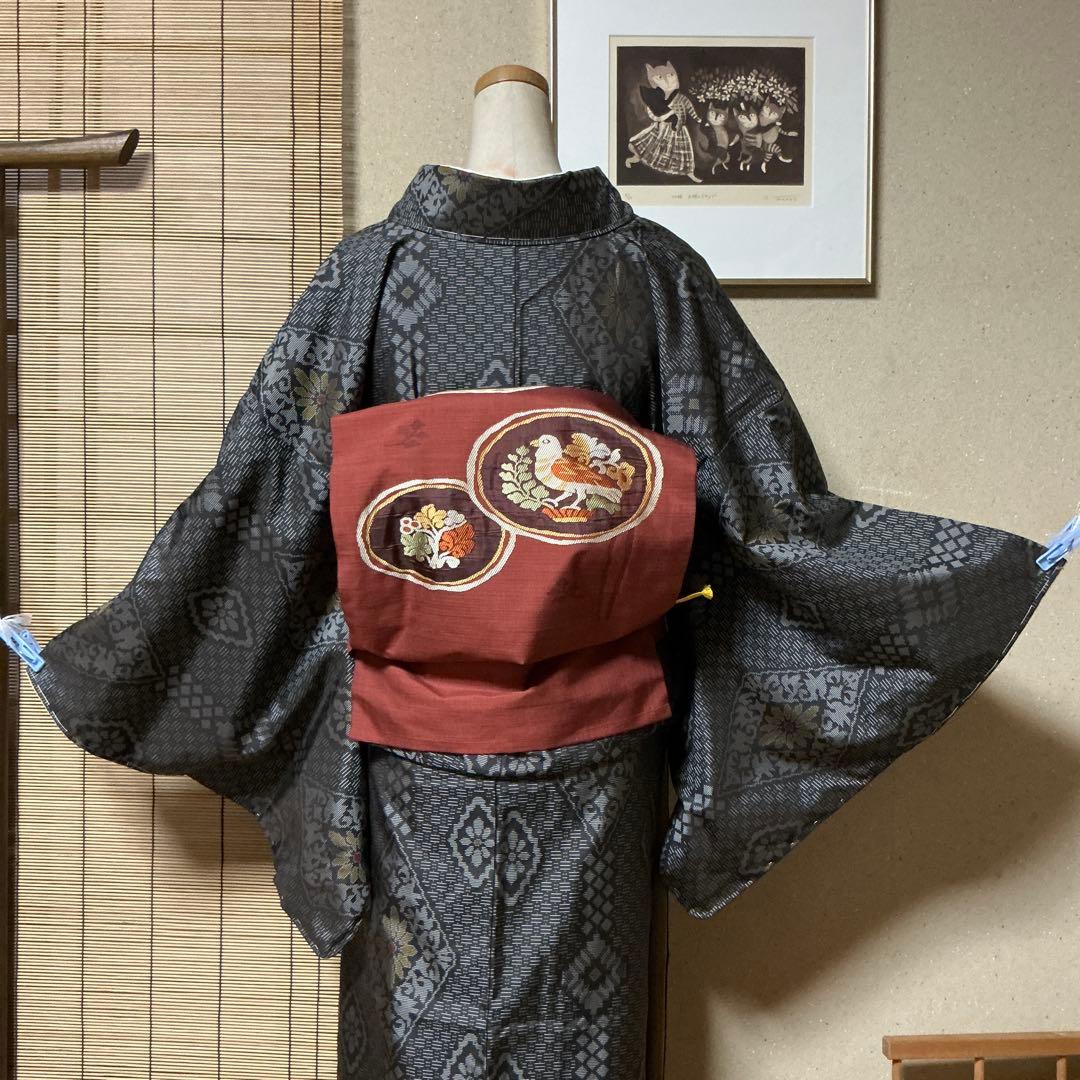 たぶん大島紬　紬　袷　広衿　グレー　絹　163 65