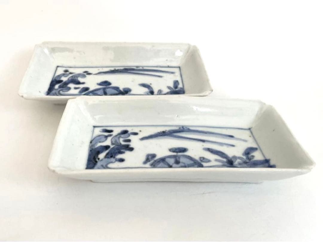 骨董　アンティーク　古伊万里　染付　水車波文様　長方皿　長皿　料理　懐石　2枚