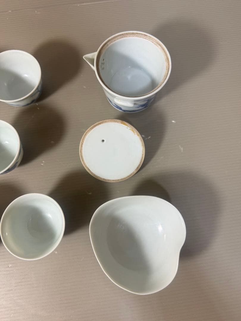 2616中国骨董　大明年製銘　染付山水茶器セット　宝瓶1客　湯冷し1客　湯呑5客