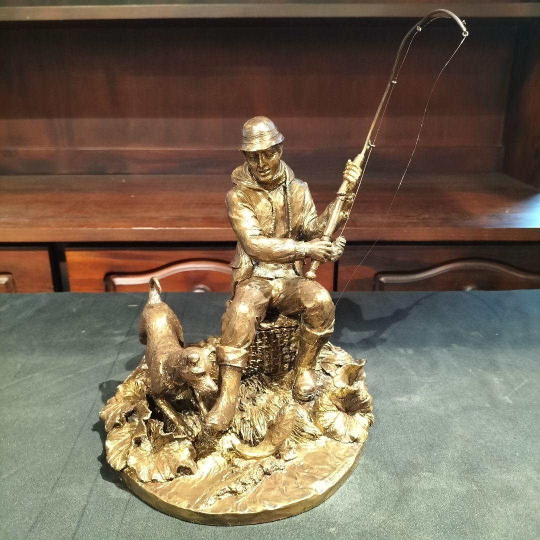 M♦希少　イギリスヴィンテージ　J. Bromley ブロンズ像　釣り人と犬