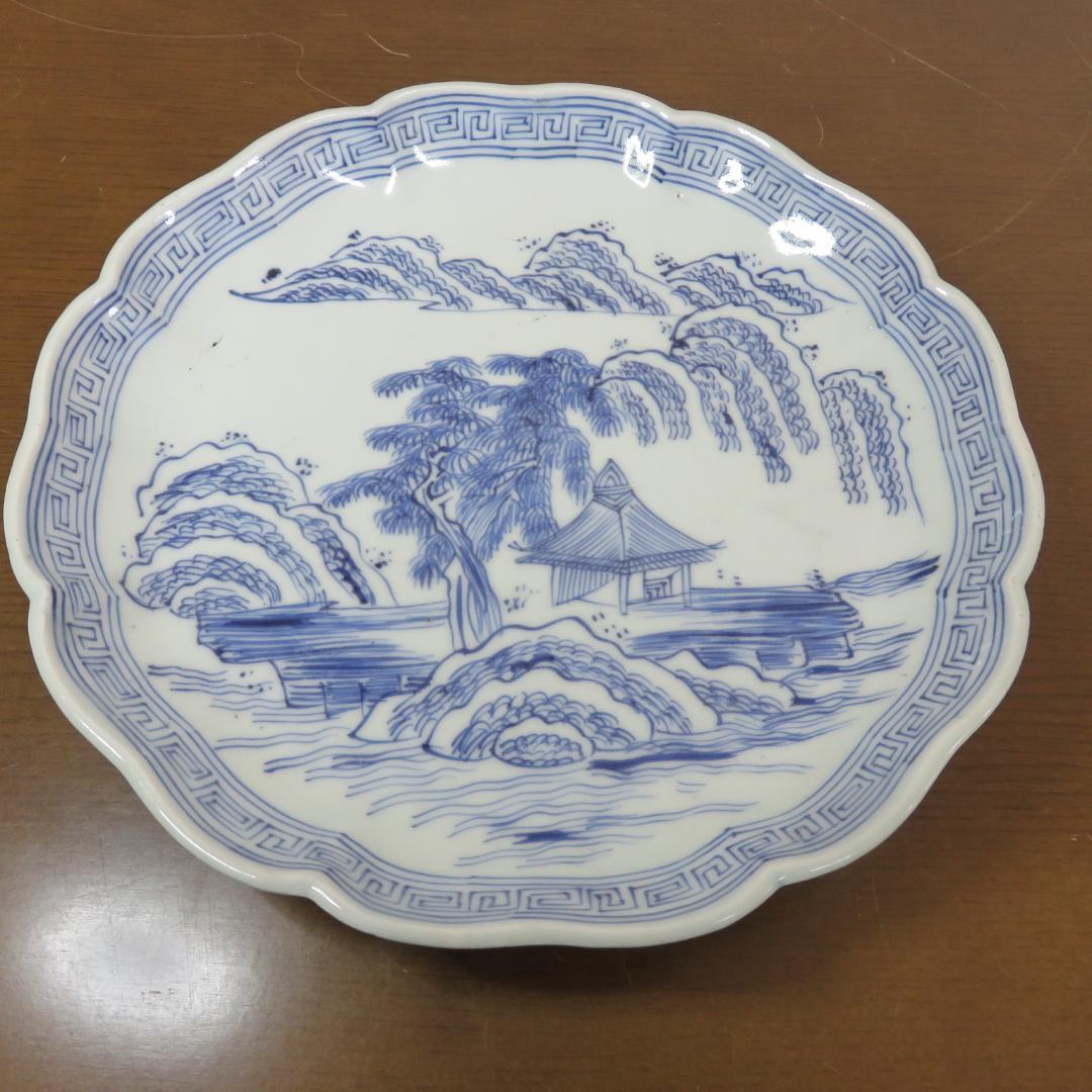 皿 5枚 中皿 染付 線描 染付 銘あり 山水 柳 家屋 古伊万里 江戸