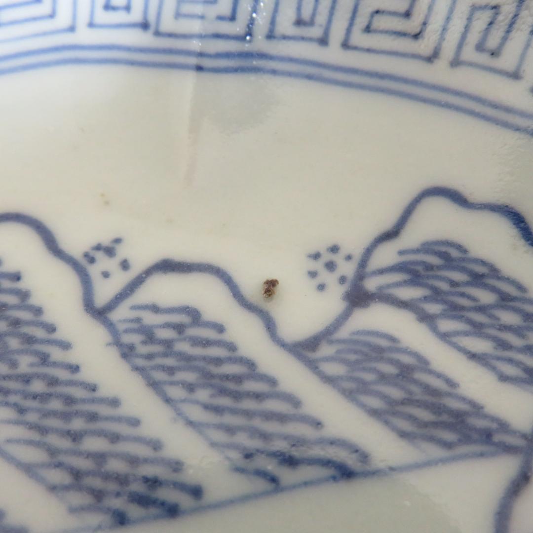 皿 5枚 中皿 染付 線描 染付 銘あり 山水 柳 家屋 古伊万里 江戸