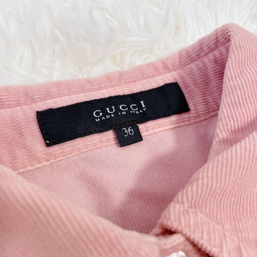 GUCCI グッチ　コーデュロイ　胸元フリル　膝丈長袖ワンピース　ピンク　36