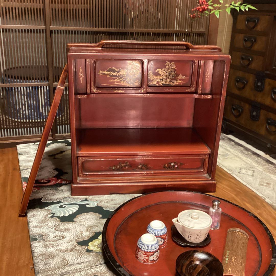 煎茶道具　唐物　木製漆　器局　茶箪笥　螺鈿　山水、梅に山茶花蒔絵
