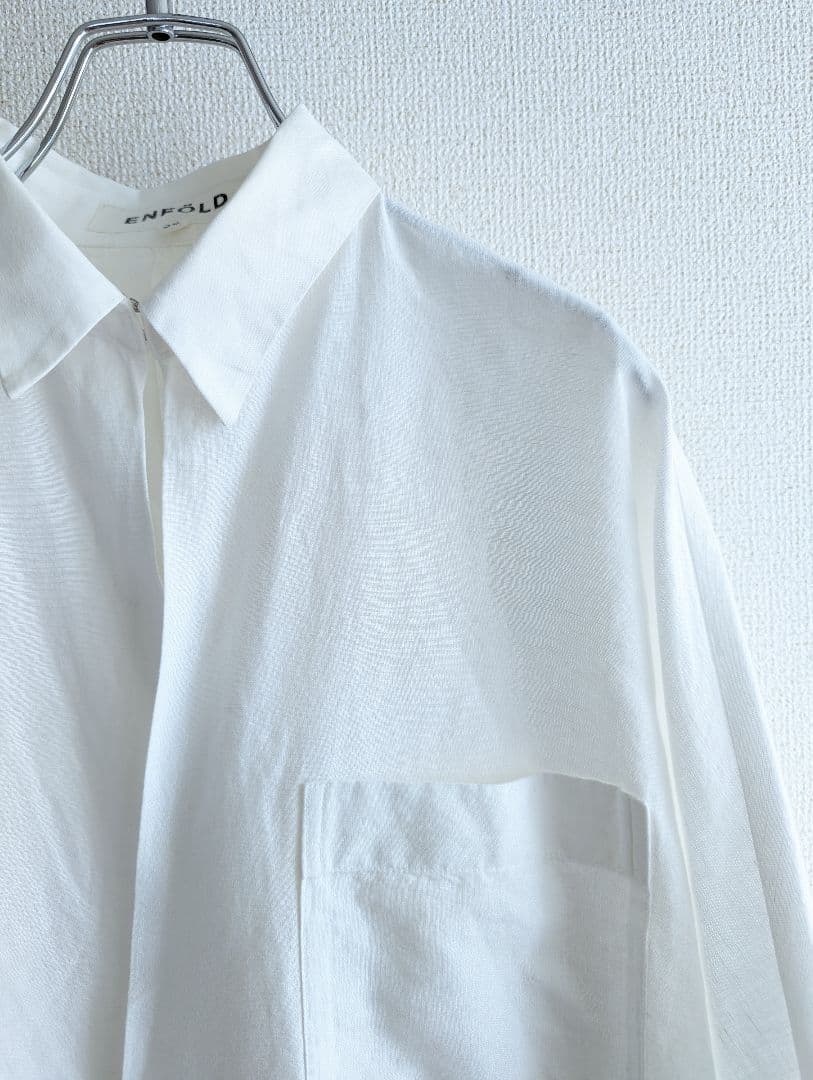 【美品】ENFOLD コクーン　スキッパーシャツ白チュニック　リネン混合
