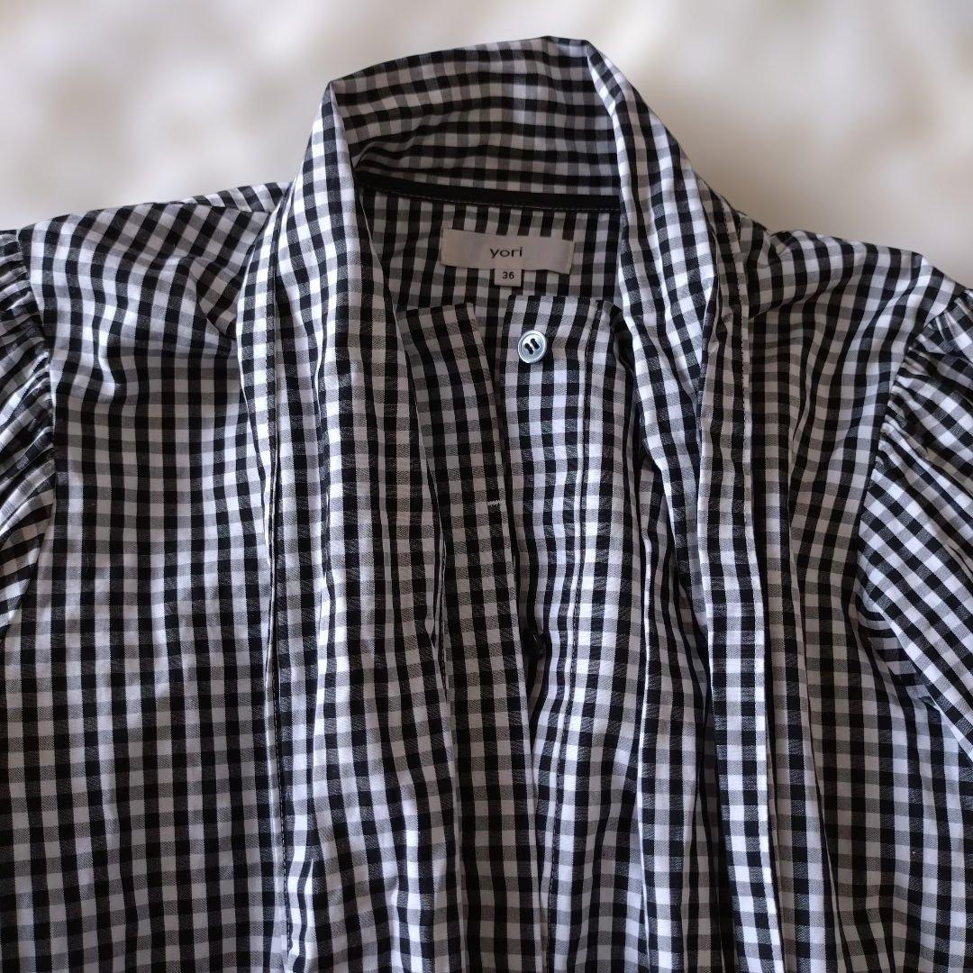 ヨリ Yori ギャザースリーブ ギンガムチェックブラウス ボウタイ リボン