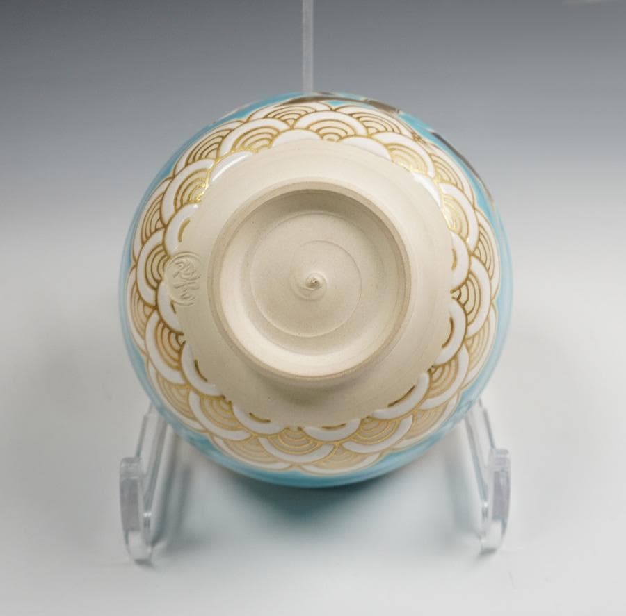 伊藤魁雲 青地鶴之図茶碗 茶道具 共箱