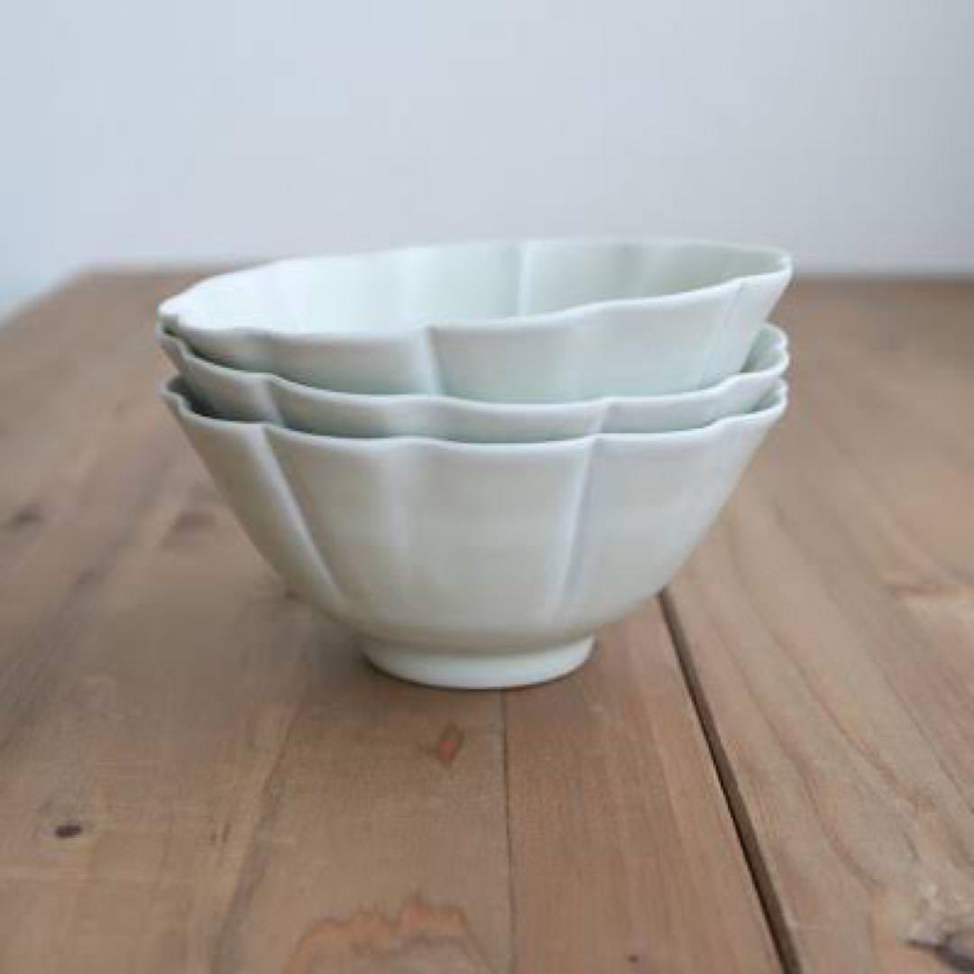 土井善男　緑白釉4,5寸輪花鉢 ３個セット&１個おまけ