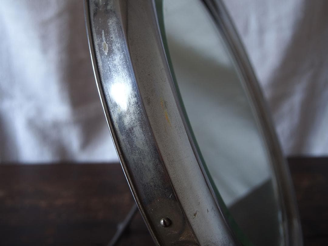 アルミフレーム 古い鏡 アールデコ 直径36.7cm 家具 /K397