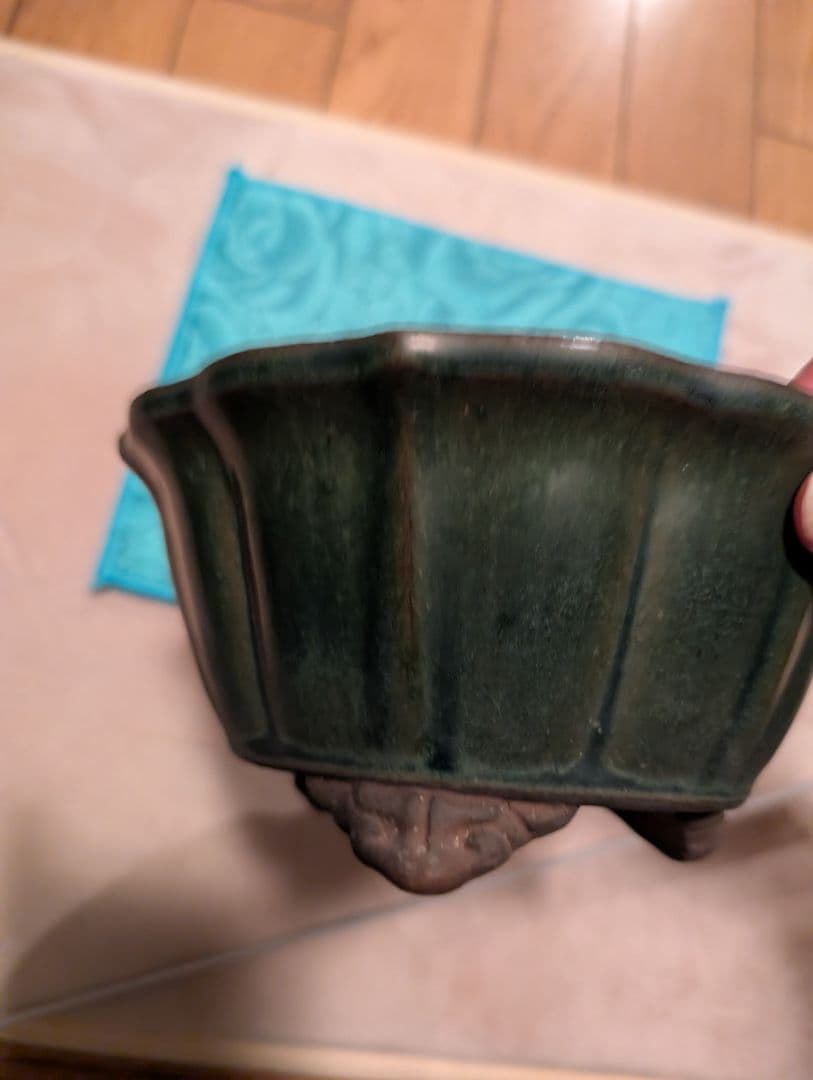 常滑盆栽鉢山秋造、緑色陶器盆栽鉢