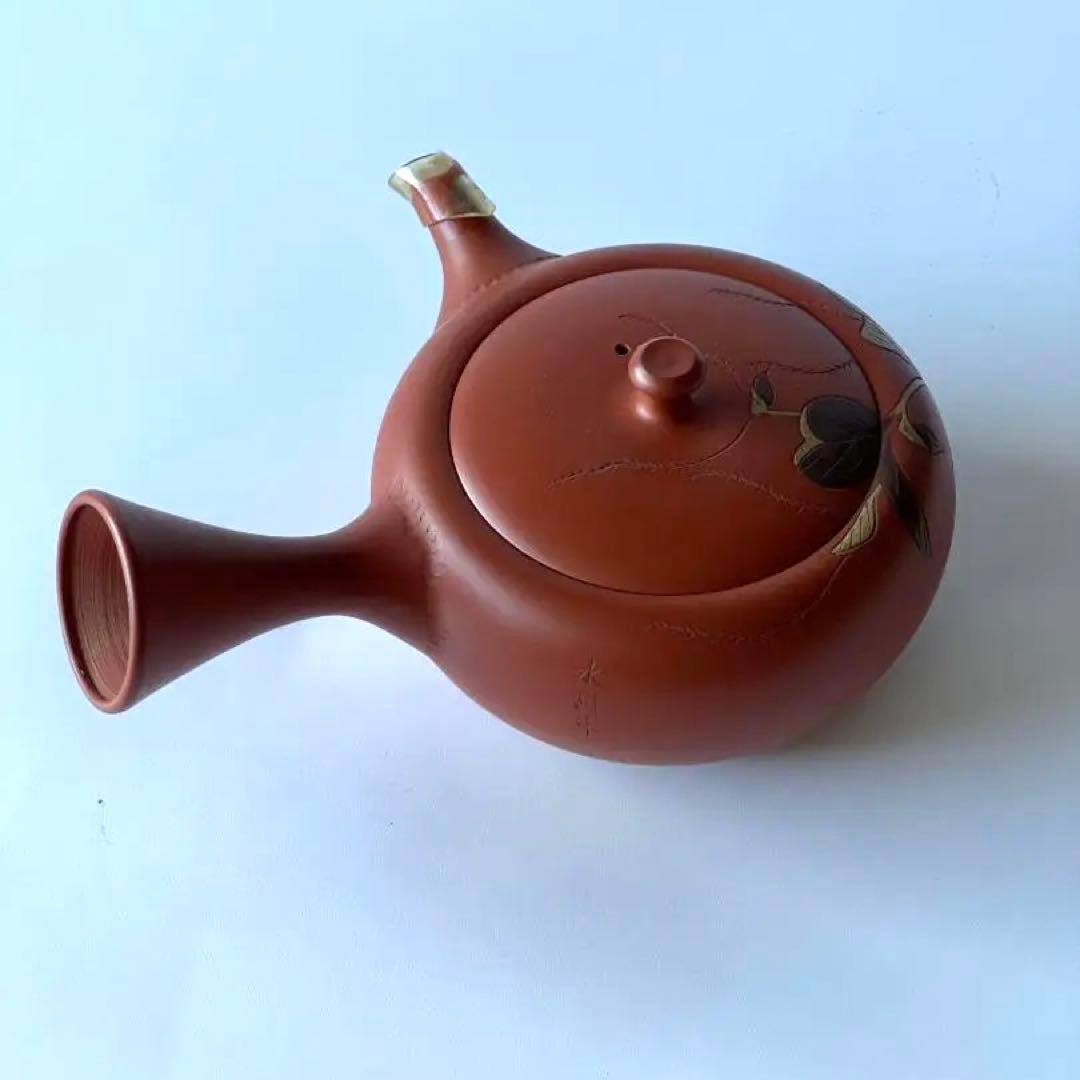 常滑焼 伊藤 昭陽作 幸山刀 朱泥彩色　水引草 彫り 急須 茶器 煎茶道具