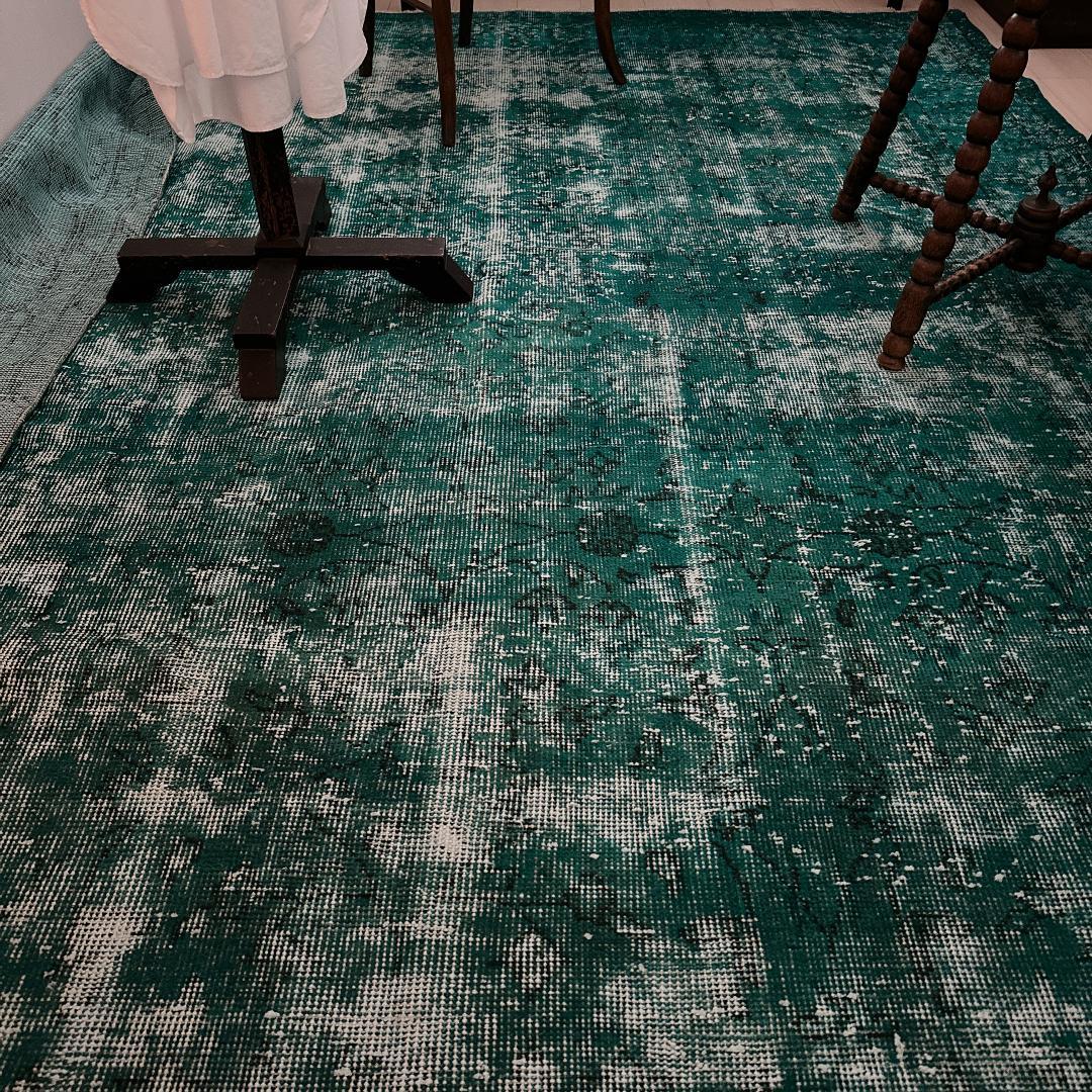 トルコ製ヴィンテージラグ981 超大判 ダークターコイズブルー オーバーダイ