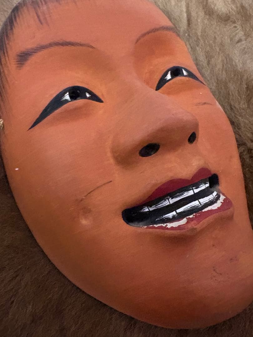 能面 木製 笑顔　ビンテージ　日本　骨董　木製