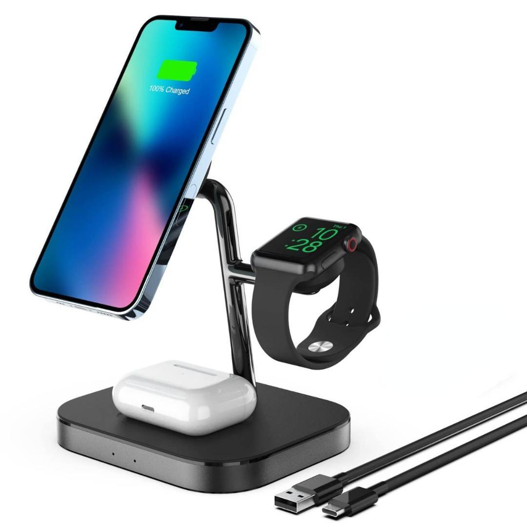 マグネット式3-in-1ワイヤレス充電器：3つのデバイス同時充電対応