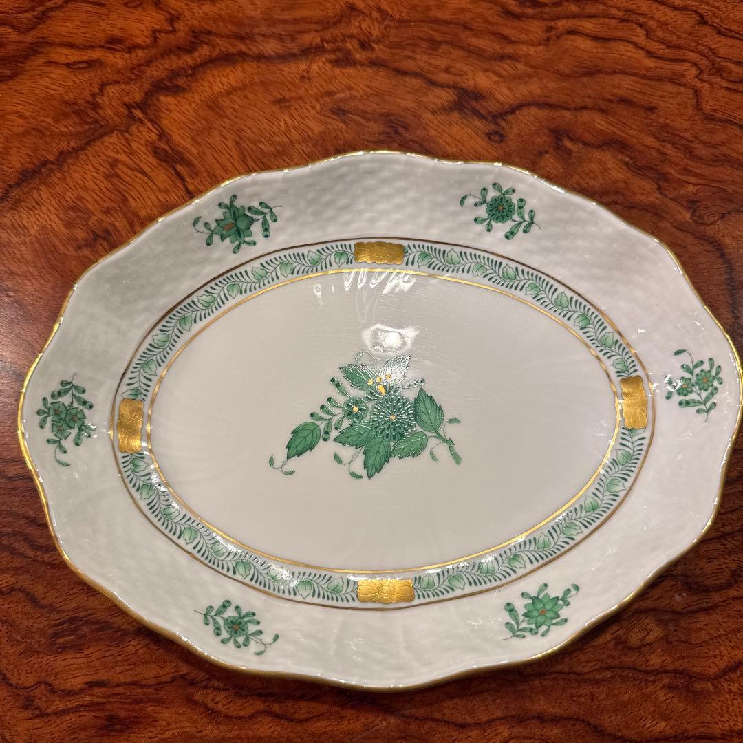 未使用ヘレンドHEREND アポニーグリーン　ケーキ皿　変形プレート　No.2