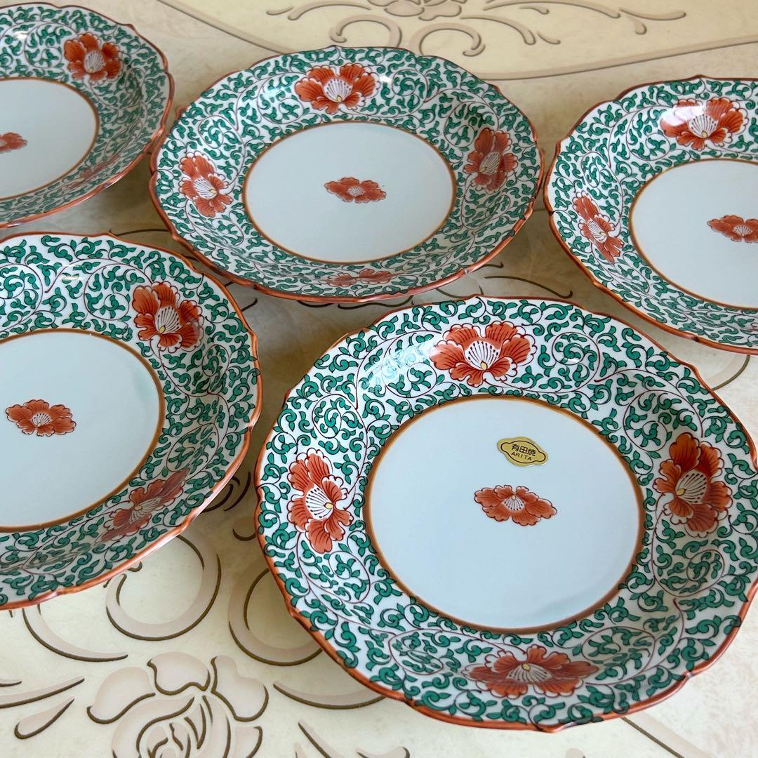 有田焼　高山窯　緑彩花唐草　中皿揃　5枚セット　和皿　深皿　色絵　輪花皿　花柄