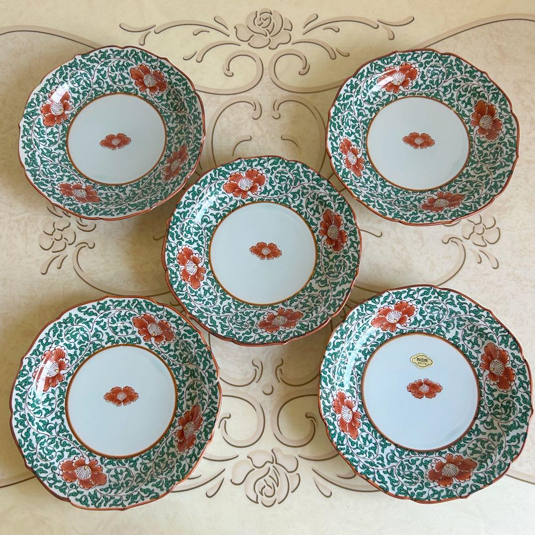 有田焼　高山窯　緑彩花唐草　中皿揃　5枚セット　和皿　深皿　色絵　輪花皿　花柄