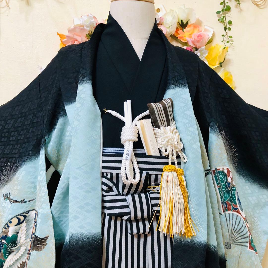 七五三５歳完全フルセット‼️豪華黒地系鷹金彩煌びやか⭐︎袴縞スタイルアップ人気銘品
