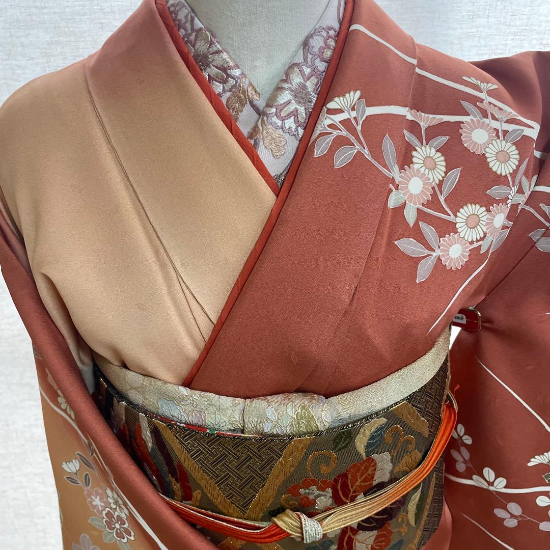 正絹訪問着 ピンクとベージュ 花柄刺繍 着物、帯、帯締め、帯揚げ、長襦袢のセット