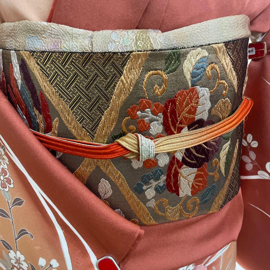 正絹訪問着 ピンクとベージュ 花柄刺繍 着物、帯、帯締め、帯揚げ、長襦袢のセット