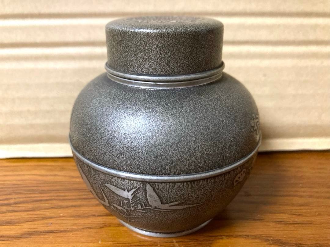 希少 ビンテージ 錫製 茶壷 茶道具 古美術 骨董 刻インテリア レトロ 当時物