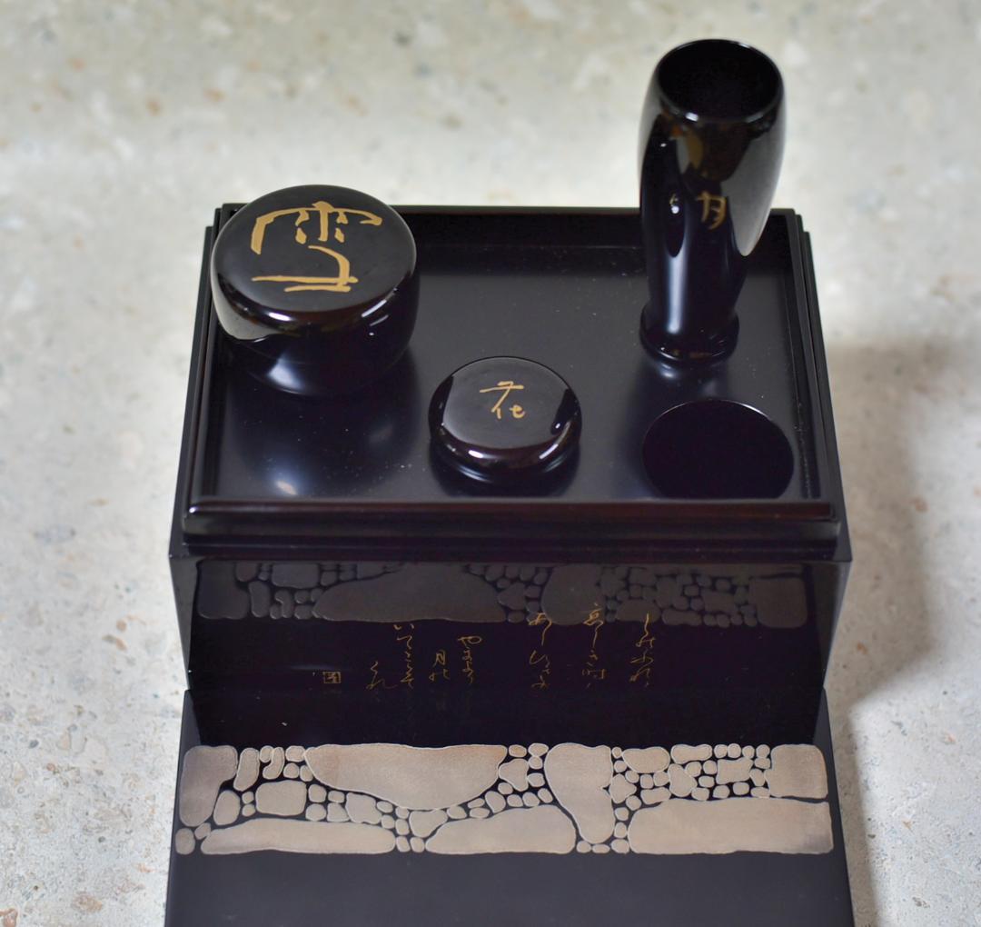 値下げ、利休茶箱４点組　輪島塗雪月花蒔絵　秋峰作　共箱/お茶道具