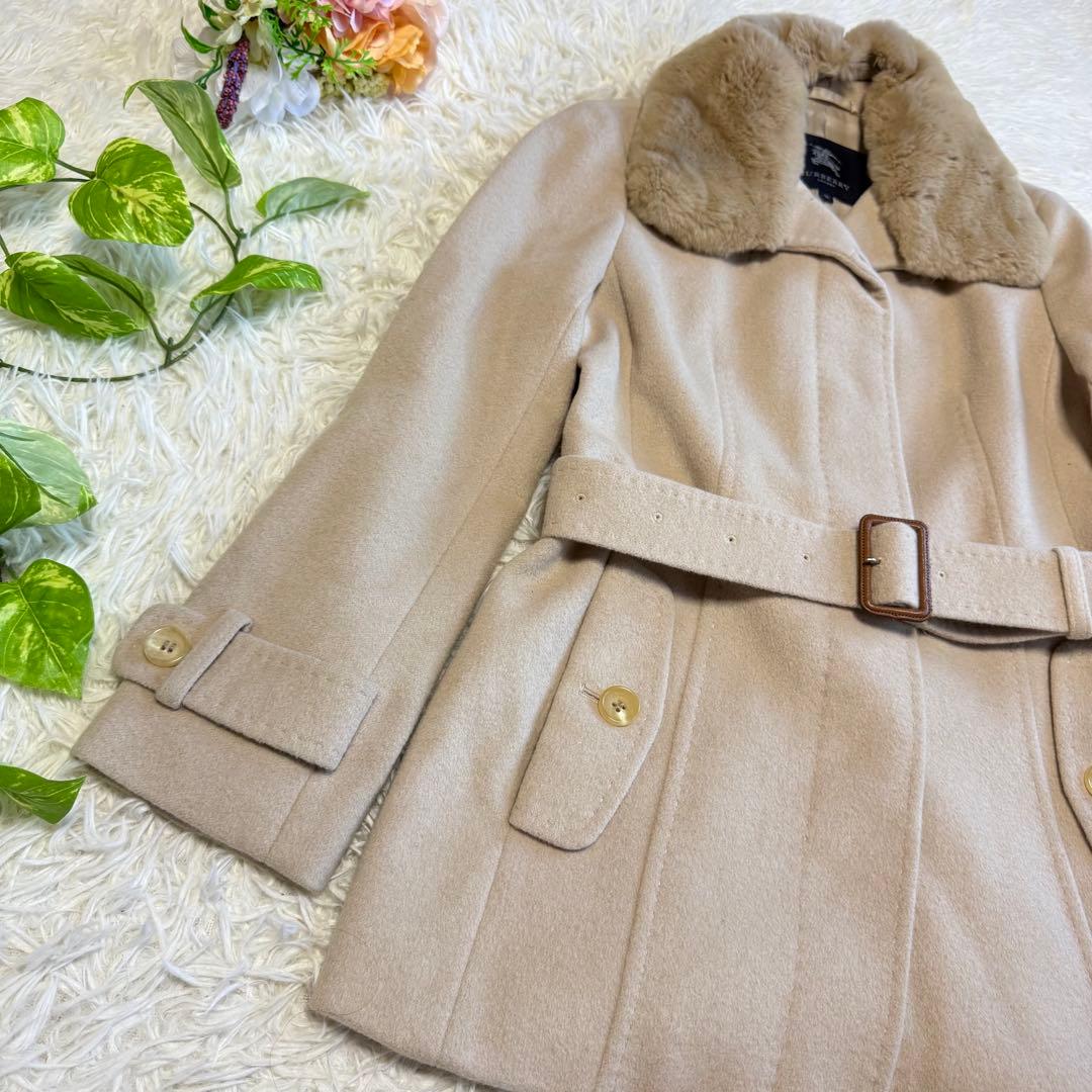 【バーバリーロンドン】 アンゴラ ラビットファー ノバチェック コート ベルト