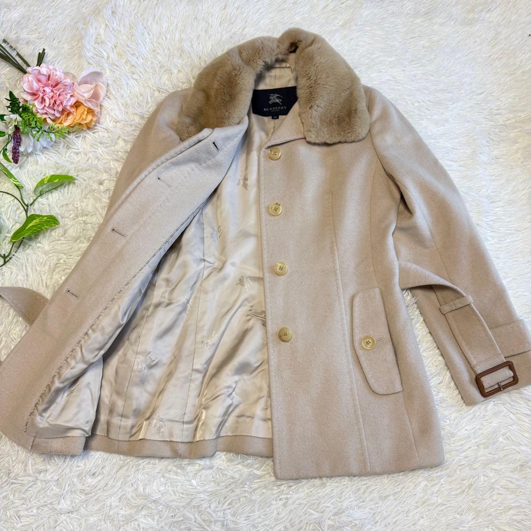 【バーバリーロンドン】 アンゴラ ラビットファー ノバチェック コート ベルト