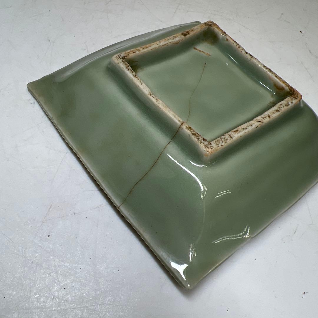 江戸後期　三田青磁鹿文角皿12枚　木箱付　東Y8-0122☆2Fトヒル