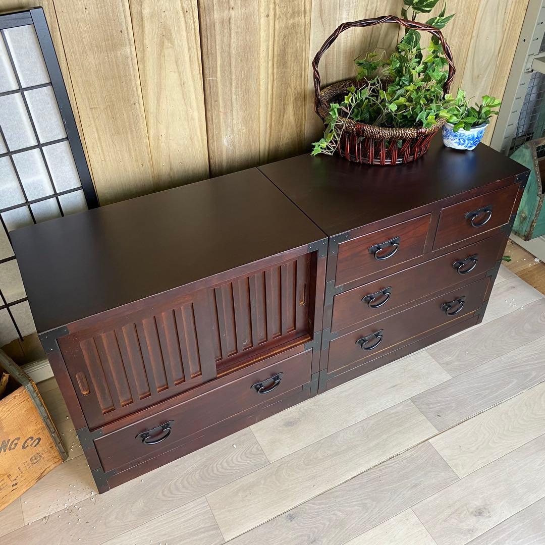 民芸家具和箪笥2点セット（三段四つ引き＋引き戸チェスト）木製桐材無垢和室和風総桐