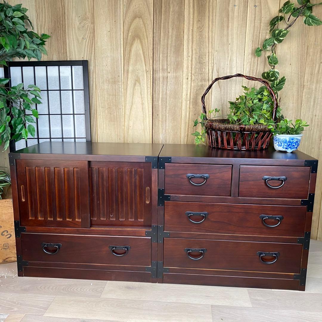 民芸家具和箪笥2点セット（三段四つ引き＋引き戸チェスト）木製桐材無垢和室和風総桐