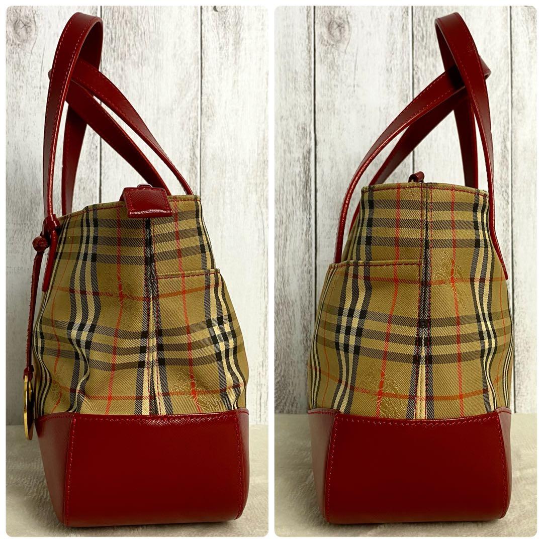【定番人気】バーバリー ハンドバッグ キャンバス ノバチェック レッド チャーム