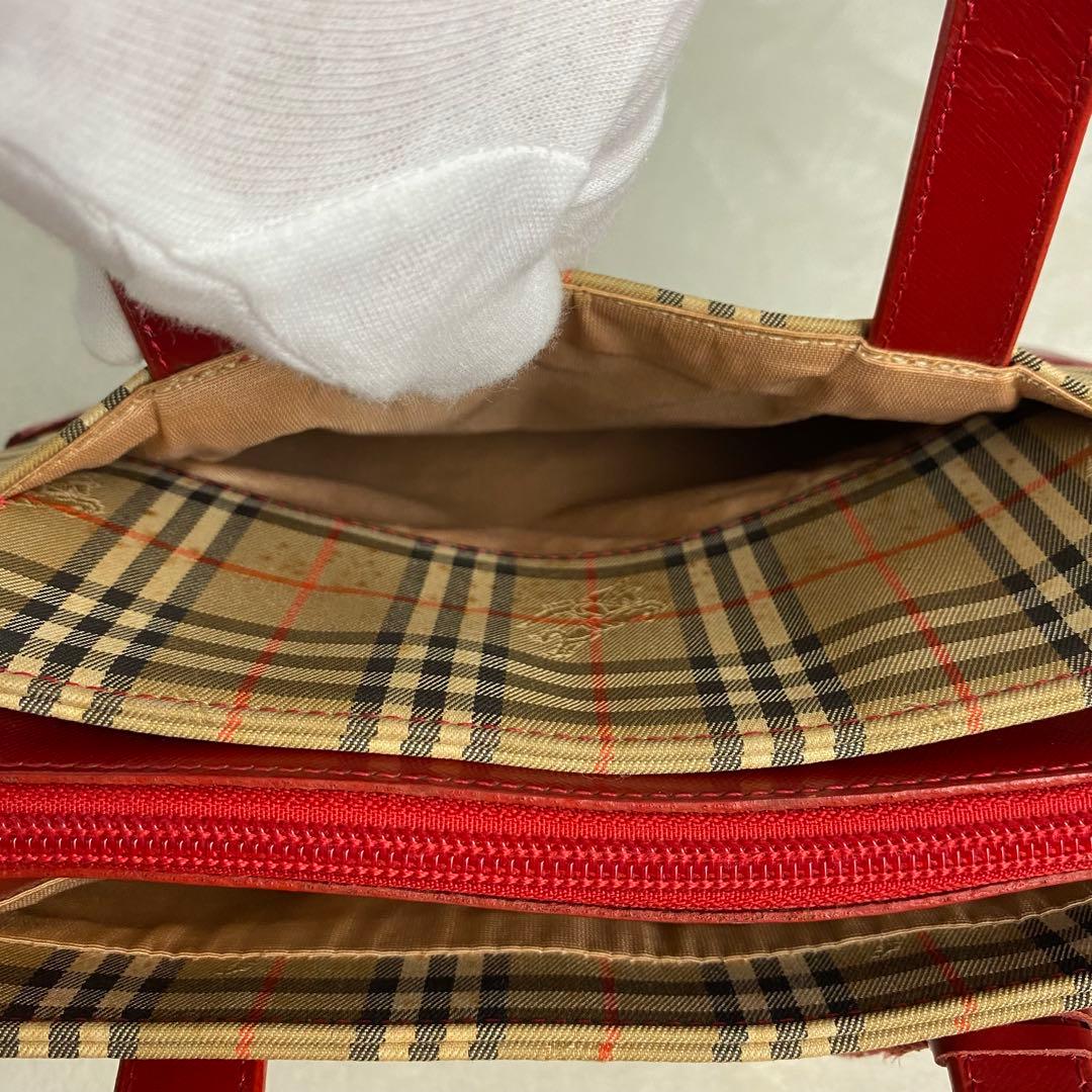 【定番人気】バーバリー ハンドバッグ キャンバス ノバチェック レッド チャーム