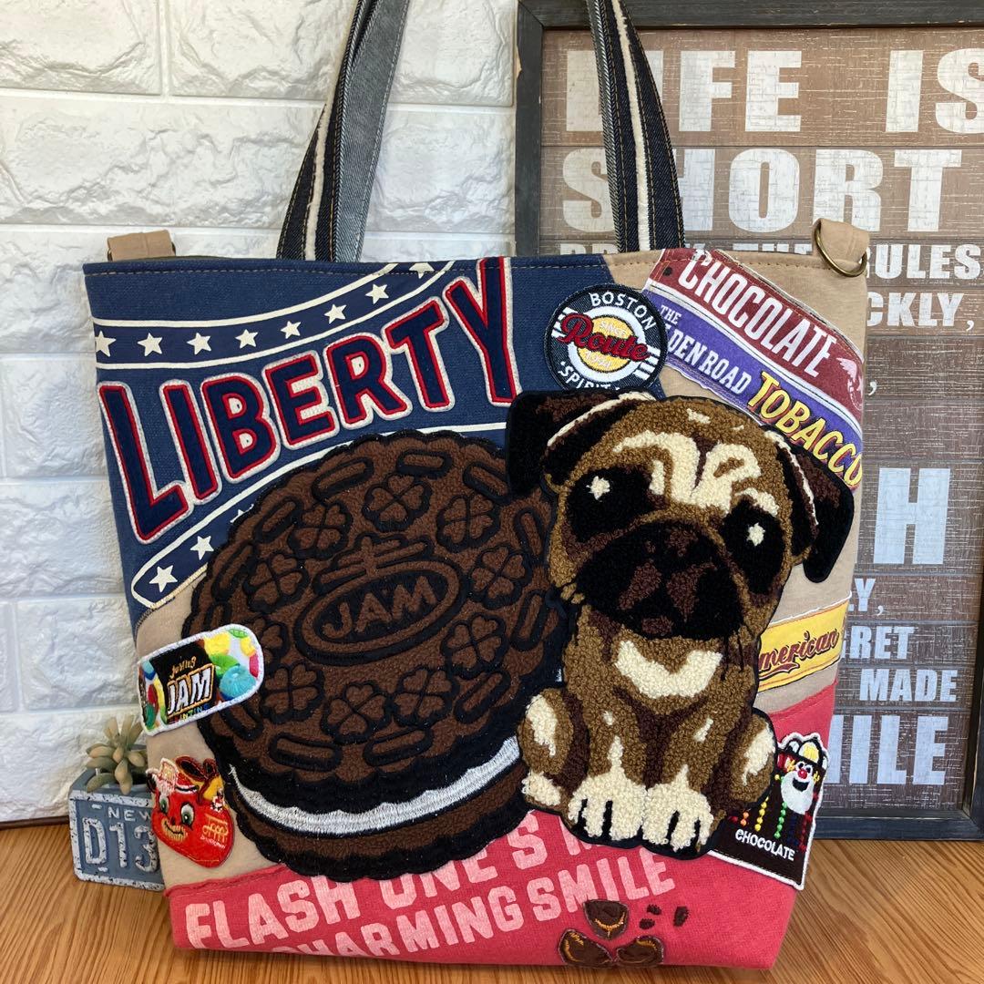 専用です。ハンドメイドバックデニムリメイクパッチワーククッキー＆パグちゃんトート