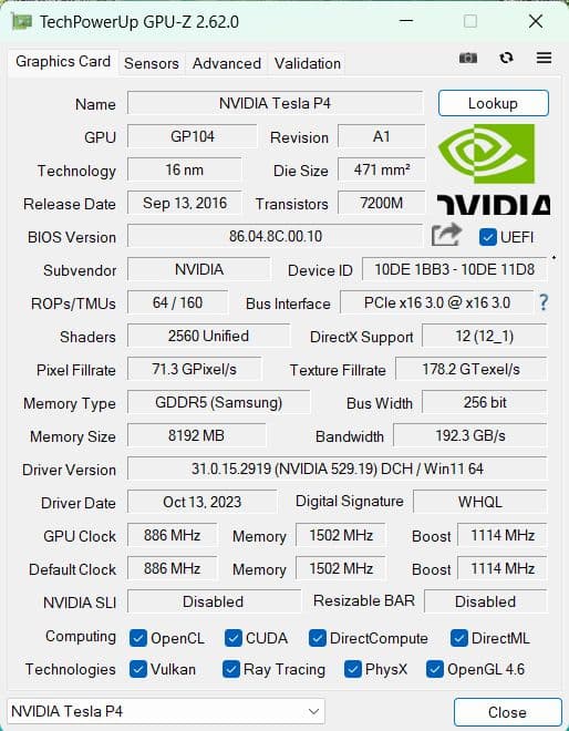 【動作確認済み】NVIDIA TESLA P4 8GB 補助電源不要