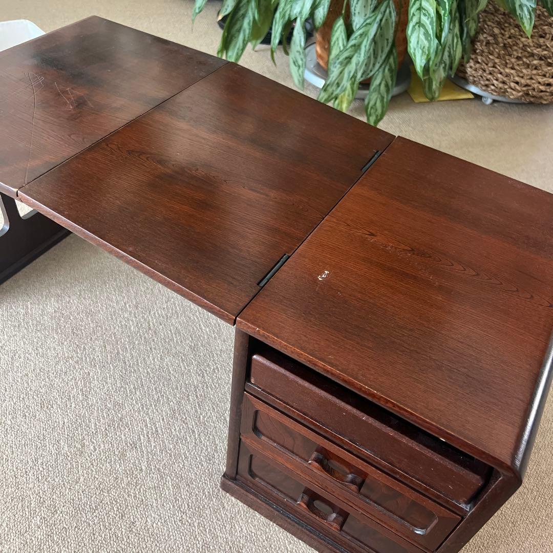 木製折りたたみ文机 和机 三段引き出し 古道具 古民具 アンティーク 隠し引出し