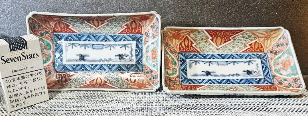 【上作古伊万里❗】幕末〜明治　古伊万里　染錦　波　亀甲　花　径20.0cm皿2客