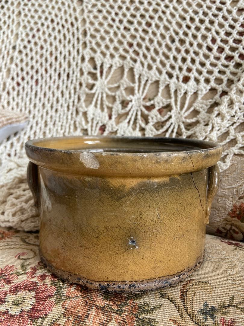 最終値下げ！ヒビありフランスアンティーク釉薬テリーヌポット☆金継ぎ南仏グラタン皿