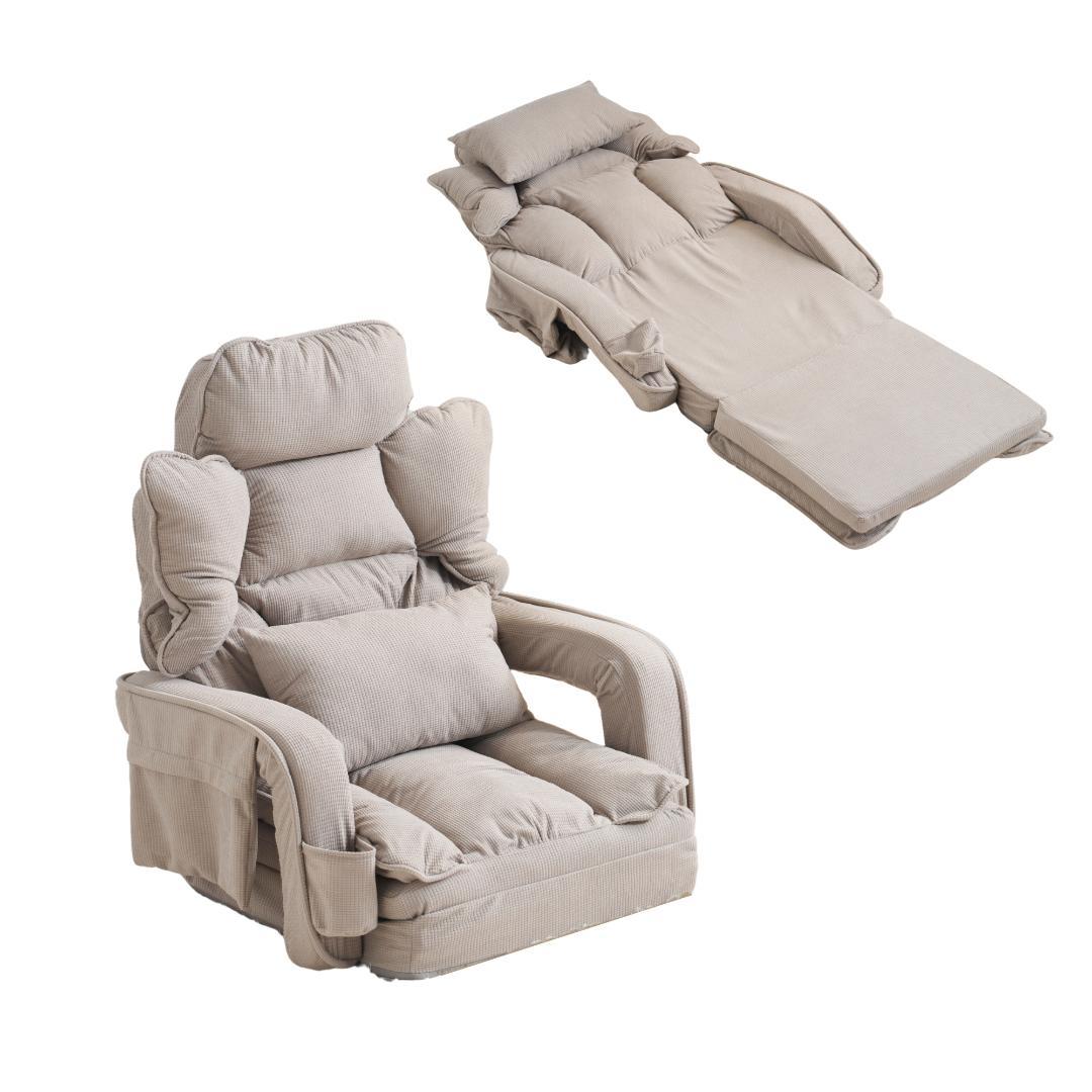 【グレー】座椅子 ソファー ソファーベッド 幅165㎝ 枕/収納ポケット付