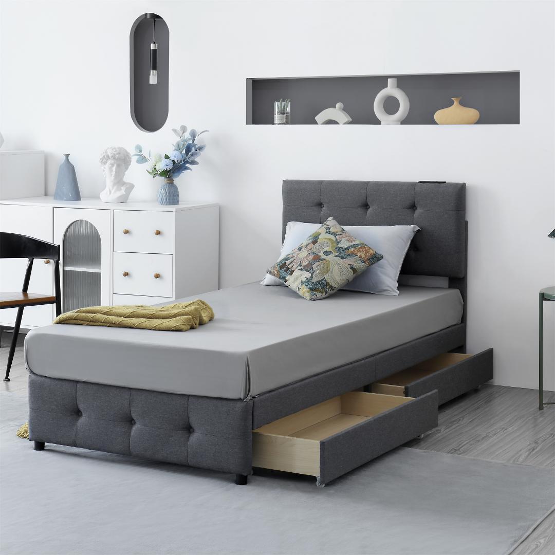 【厚さ10cmマットレス付き】ファブリックベッド 引き出し付き ダークグレー