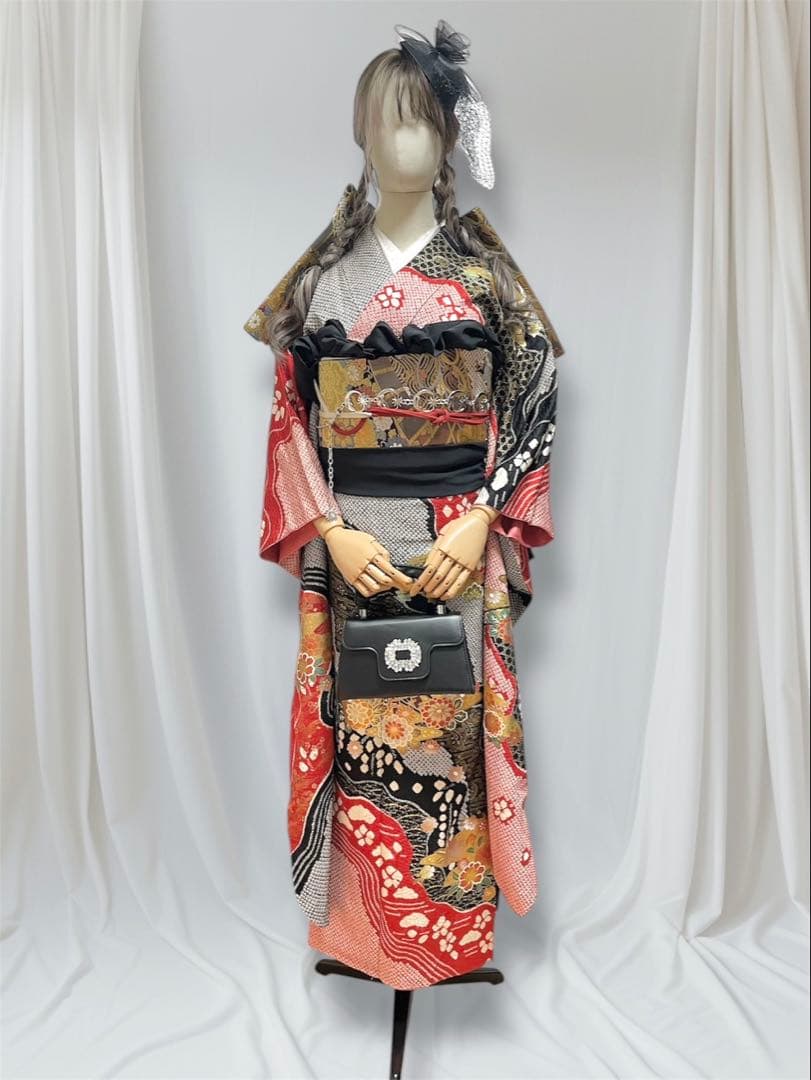 振袖フルセット 赤黒 手絞り 金彩