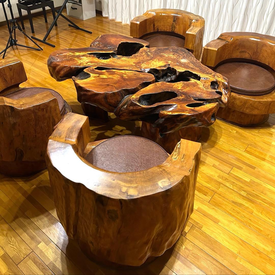 【希少】屋久杉 応接セット ローテーブル 椅子4脚 無垢 天然木 一枚板 配送可