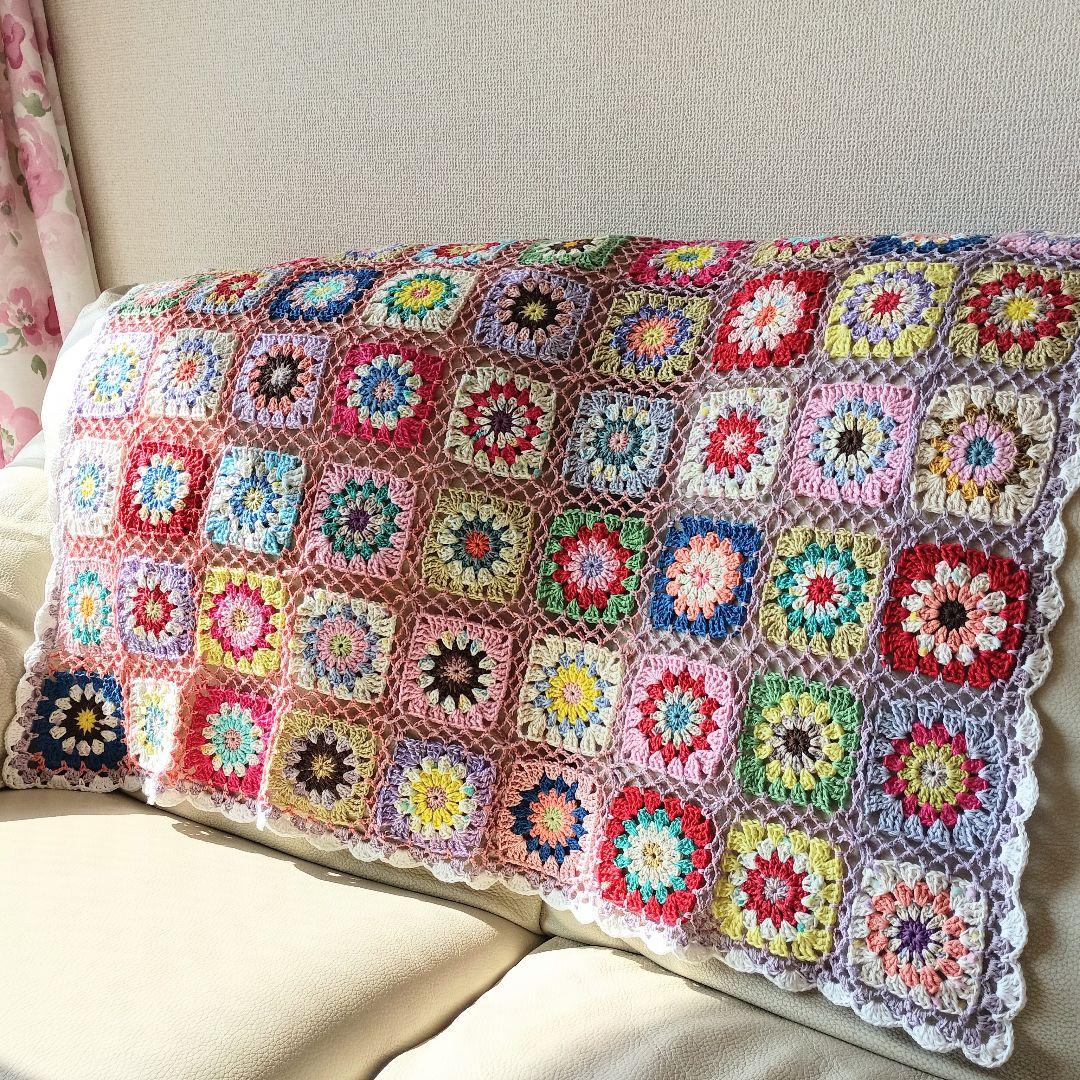 手編みブランケット★カラフル★グラニースクエア★コットン