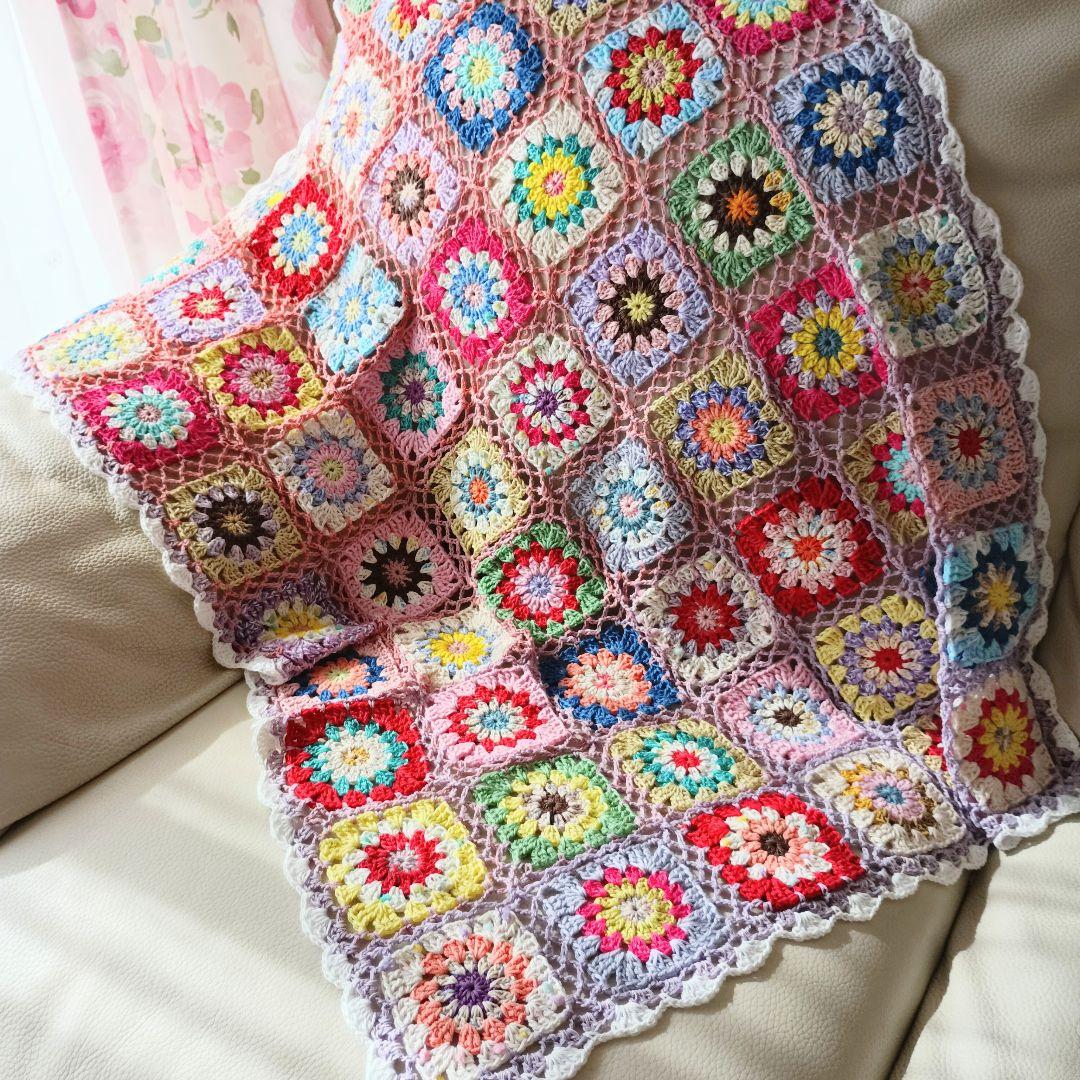 手編みブランケット★カラフル★グラニースクエア★コットン