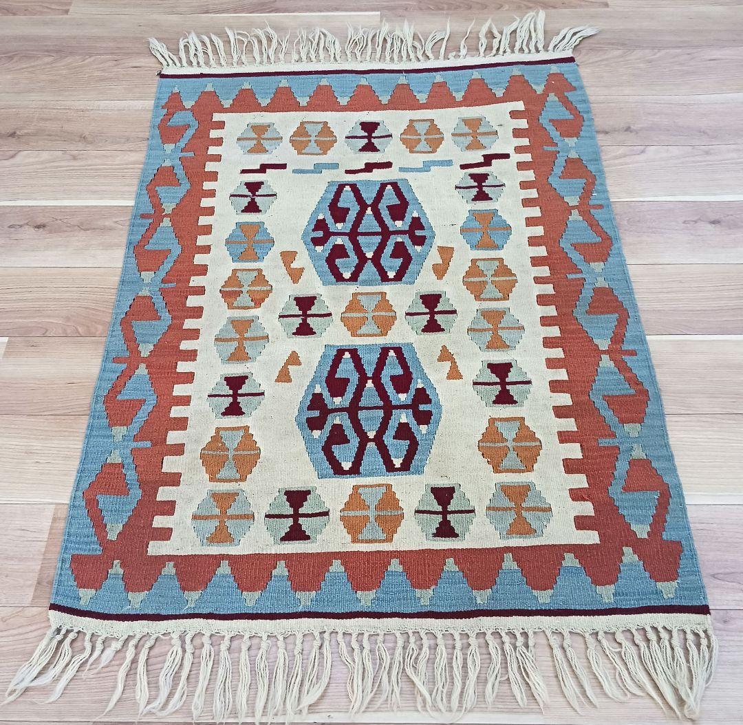 Y3344-1 トルコ キリムラグ ウール 手織り 120×89㎝ 絨毯