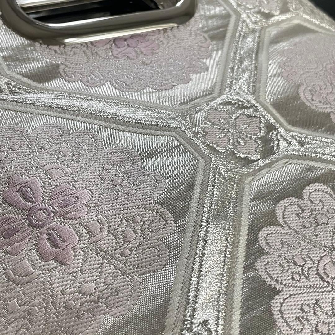 帯帯リメイク3wayバッグ　和装バッグ　シルバーと紫の蜀江文　チェーン付