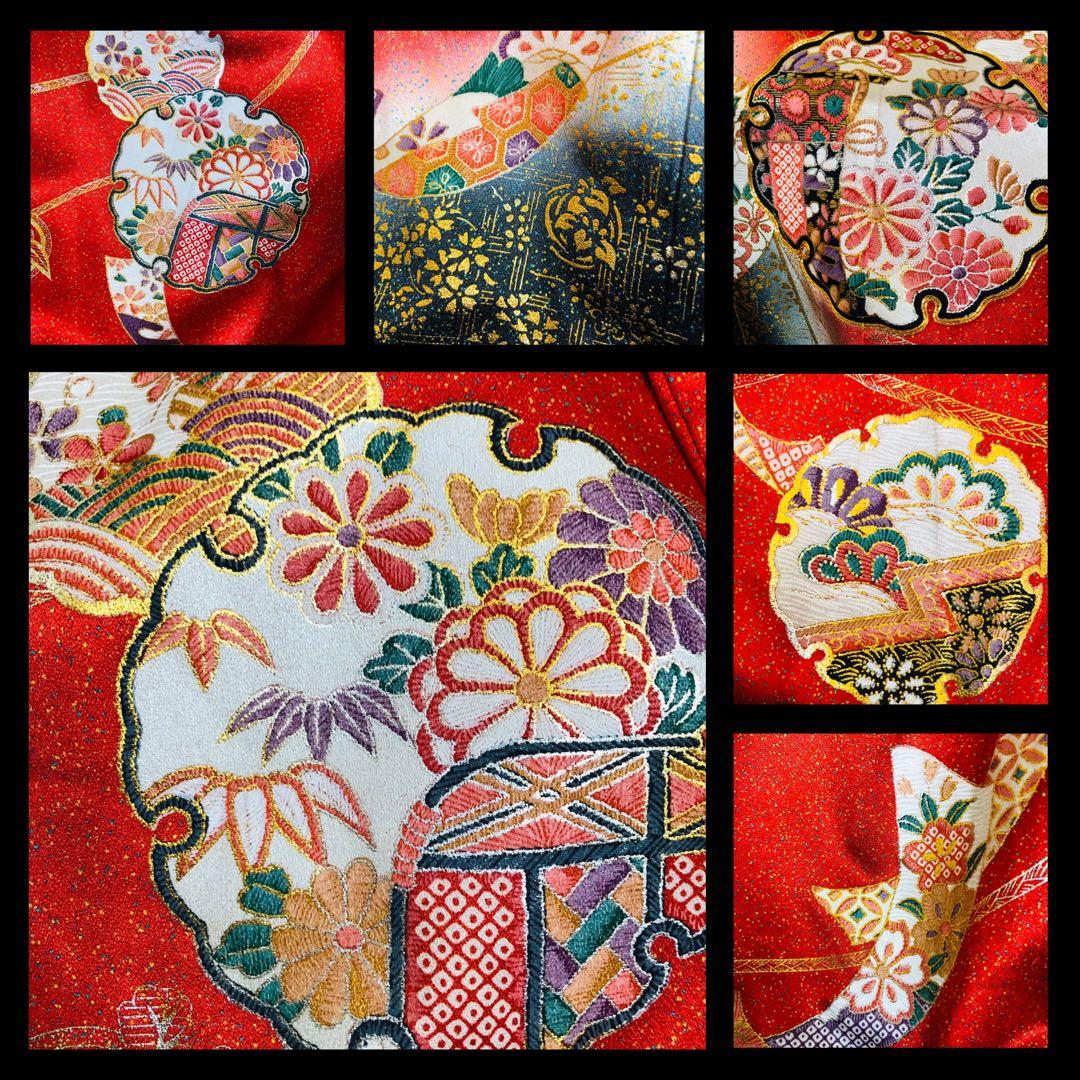 七五三七歳‼️豪華正絹レッド×BLACKラメ煌びやか花々刺繍金彩金箔完全フルセット